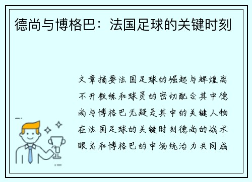 德尚与博格巴:法国足球的关键时刻 德尚与博格巴:法国足球的关键时刻