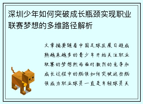 深圳少年如何突破成长瓶颈实现职业联赛梦想的多维路径解析